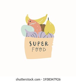 Vector hand drawn bag with fruits handwritten text super food