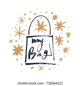 Vector hand drawn bag illustration. Poster, postcard, print, sticker, label and other.