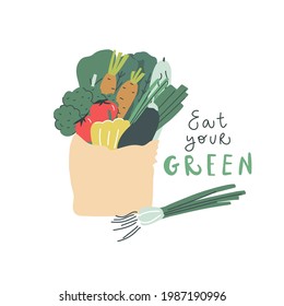 Vector hand drawn bag with vegetables handwritten text eat your green