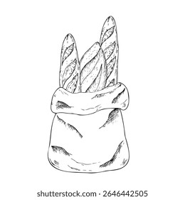 Vetor mão desenhado baguette e ciabatta em um saco de artesanato rústico.Detalhado esboço forro perfeito para ilustrações de blog de alimentos. Delineamento minimalista para design de padaria artesanal isolado em segundo plano. Para