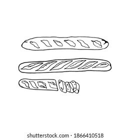 Vector hand drawn baguette. French cuisine dish. Design sketch element for menu cafe, bistro, restaurant, bakery, label and packaging. Illustration on a white background.