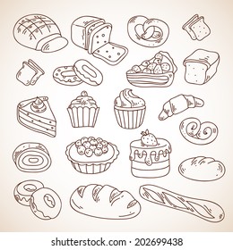 Vector hand drawn bakery cakes, croissant, cupcakes, donuts, tarts, bread