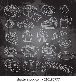 Vector hand drawn bakery: cakes, croissant, cupcakes, donut 