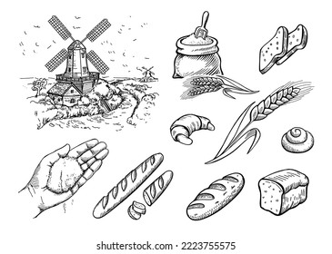 Vector hand drawn bakery illustration collection. Windmill, sack of crain, bread, basket, flour, wheat. Ink style vector