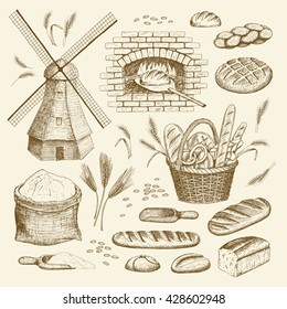 Vector hand drawn bakery illustration collection. Windmill, oven, bread, basket, flour, wheat.