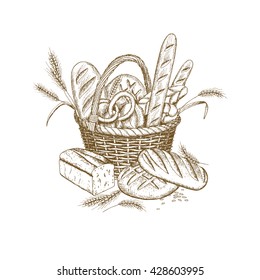 Vector hand drawn bakery illustration. Wicker bread basket illustration