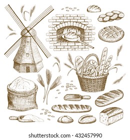 Vector hand drawn bakery illustration collection. Windmill, oven, bread, basket, flour, wheat.