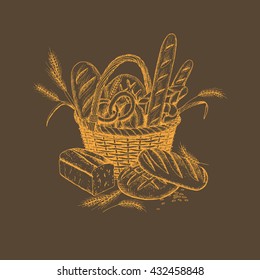 Vector hand drawn bakery illustration. Wicker bread basket illustration