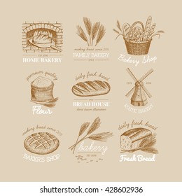 Vector hand drawn bakery logos, badges, emblems collection. Windmill, oven, bread, basket, flour, wheat illustration.