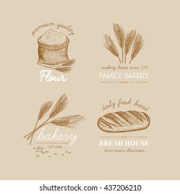 Vector hand drawn bakery logos, badges, emblems collection. Bread, flour, wheat illustration.