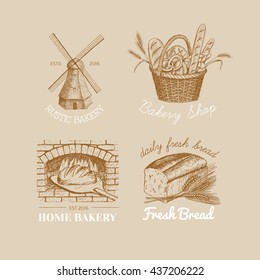 Vector hand drawn bakery logos, badges, emblems collection. Windmill, oven, bread, basket, flour, wheat illustration.