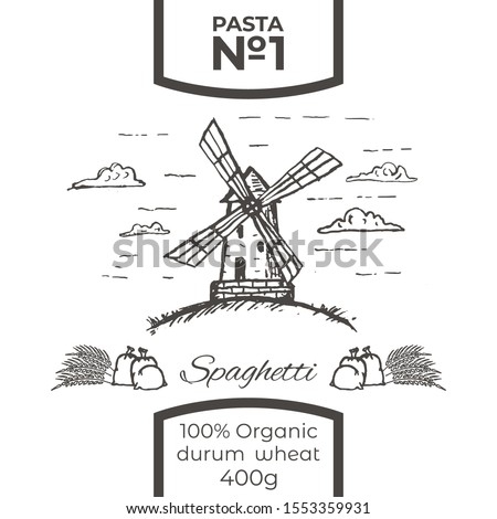 Vector hand drawn bakery or pasta or spaghetti logo, badge, emblem. Windmill, smock mill illustration. Vector