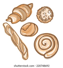 Vector hand drawn bakery products on white. Bread set.