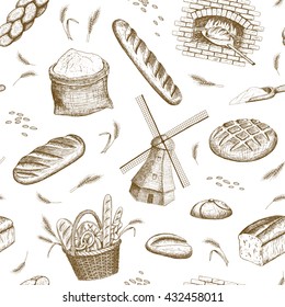 Vector hand drawn bakery seamless pattern. Windmill, oven, bread, basket, flour, wheat illustration.