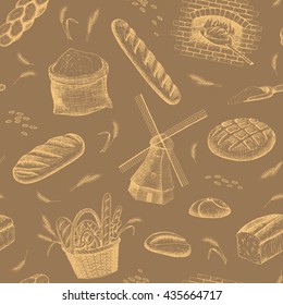 Vector hand drawn bakery seamless pattern. Windmill, oven, bread, basket, flour, wheat illustration. Bakery background.