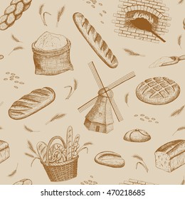 Vector hand drawn bakery seamless pattern. Windmill, oven, bread, basket, flour, wheat illustration. Bakery background.