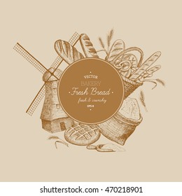 Vector hand drawn bakery template, banner, flyer, leaflet, brochure. Windmill, oven, bread, basket, flour, wheat illustration. Bakery background.
