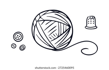 Esfera desenhada à mão vetorial de fios, dedais e botões. Tricô e agulha, feitos à mão. Perfeito para roupas feitas à mão, embalagem de produtos e marca artesanal.  