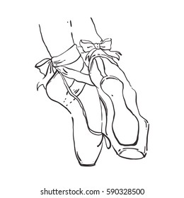 Vector hand drawn ballet shoes points. Sketch Illustration with live line isolated black on white