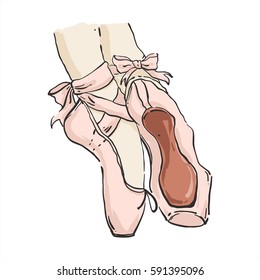 Vector hand drawn ballet shoes points. Illustration with live line and color isolated on white