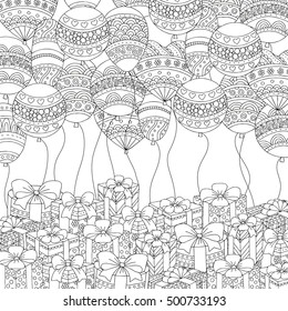 Vector hand drawn balloons and gifts illustration for adult coloring book. Freehand sketch for adult anti stress coloring book page with doodle and zentangle elements.