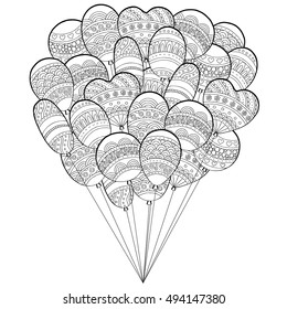 Vector hand drawn balloons illustration for adult coloring book. Freehand sketch for adult anti stress coloring book page with doodle and zentangle elements.