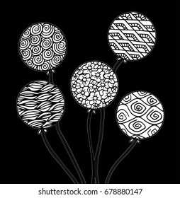 Vector hand drawn balloons illustration for adult coloring book. Freehand sketch for adult anti stress coloring book page with doodle and zentangle elements.