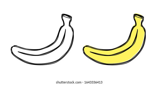 Vector hand drawn banana and one colored in misprint style. Line art illustration