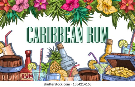 Vector hand drawn banner Caribbean Rum with coctails, pineapple, rum bottles and chest with gold. 