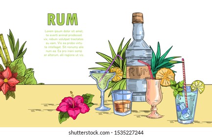 Vector hand drawn banner “Caribbean Rum” with coctails, pineapple, rum bottles and chest with gold. With space for your text, for bar, café, menu, party, poster, label or landing page.