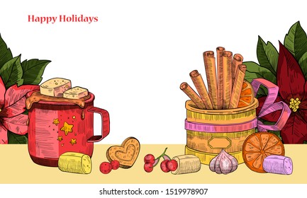 Vector hand drawn banner “Happy Holidays” in engraving style, hot chocolate mug, marshmallow, poinsettia, zephyr, orange, heart-shaped cookie, mistletoe, snowflakes, red ribbon. Winter cozy postcard