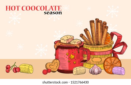 Vector hand drawn banner in engraving style “Hot Chocolate Season” with hot chocolate mug, marshmallow, orange, heart-shaped cookie, mistletoe, snowflakes, red ribbon. Winter cozy postcard.