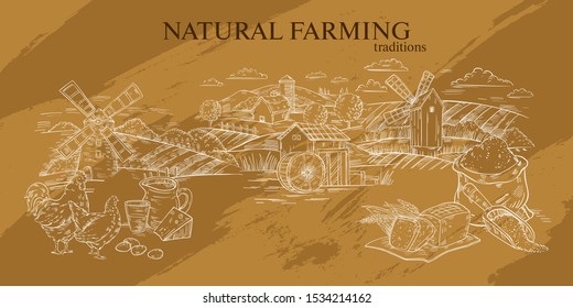 Vector hand drawn banner in engraving style of panoramic rural landscape with mill, barn, field, mill and poultry. Label or landing page for local farm market, organic food store or natural products.