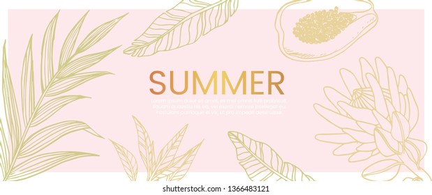 Vector hand drawn banner with exotic and tropic plants,flowers and fruit that can also be used as flyer, wedding invitation and landing page.