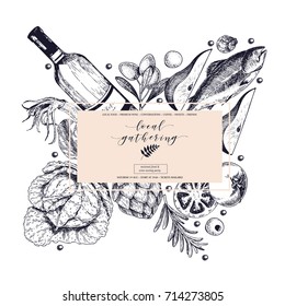 Vector hand drawn banner. Local gatherings. Frame composition. Wine seafood cheese chicken meet vegetables cabbage pear tomato rosemary Engraved art Sketched objects restaurant menu party