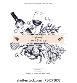 Vector hand drawn banner. Local gatherings. Frame composition. Wine, seafood, cheese, chicken meet, farm vegetables olive, beetroot, corn. Engraved art Sketched objects restaurant menu party