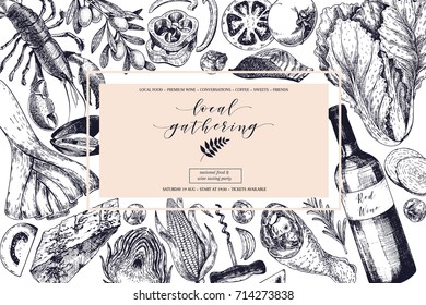 Vector hand drawn banner. Local gatherings. Frame composition. Wine, seafood, cheese, chicken meet, vegetables cabbage, tomato, olive, corn Engraved art Sketched food objects restaurant menu party