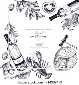 Vector hand drawn banner. Local gatherings. Frame composition. Wine, seafood, cheese, chicken meet, cabbage, tomato, olive, lobster. Engraved art. Sketched objects. For restaurant menu party