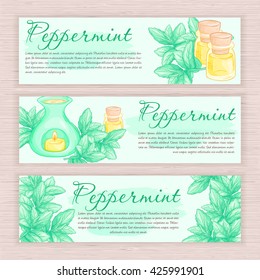 vector hand drawn banner with peppermint and oil burner.