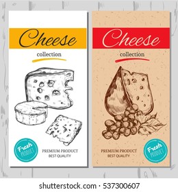 Vector hand drawn banners with cheese. Isolated objects on wooden background