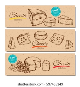 Vector hand drawn banners with cheese. Isolated objects 