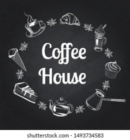 Vector hand drawn banners for Coffee House, sign with set of sketch coffee and sweets for title word coffee house, layout cover for cafe menu. Coffee house logo concept - vector illustration.