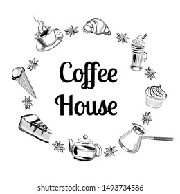 Vector hand drawn banners for Coffee House, sign with set of sketch coffee and sweets for title word coffee house, layout cover for cafe menu. Coffee house logo concept - vector illustration.