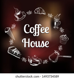 Vector hand drawn banners for Coffee House, sign with set of sketch coffee and sweets for title word coffee house, layout cover for cafe menu. Coffee house logo concept - vector illustration.