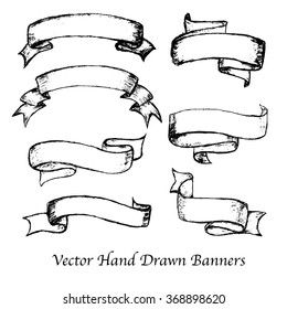 Vector hand drawn banners set. Sketched design elements. Hand made ribbons for vintage design.