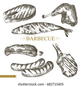 Vector of hand drawn barbecue collection. Grilled meat, fish, chicken and sausage illustration. Set of barbecue elements sketch isolated on white background.