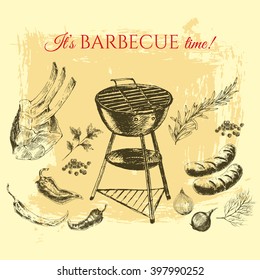 vector hand drawn barbecue and grill steak meat elements. summer holiday food illustration