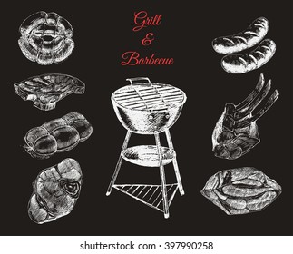 vector hand drawn barbecue and grill steak meat elements. summer holiday food illustration