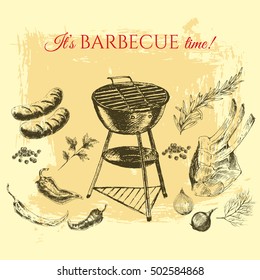 vector hand drawn barbecue and grill steak meat elements. summer holiday food illustration