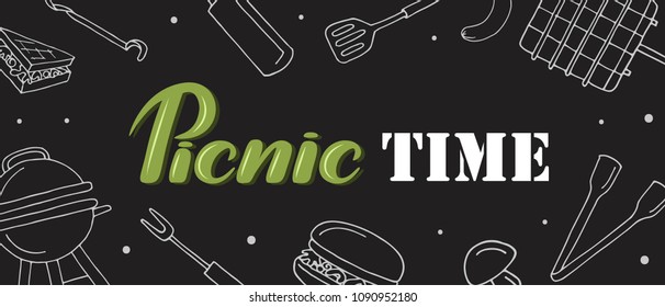 Vector hand drawn barbecue horizontal banner with frame of outline picnic elements. Hand sketched text isolated on black background.